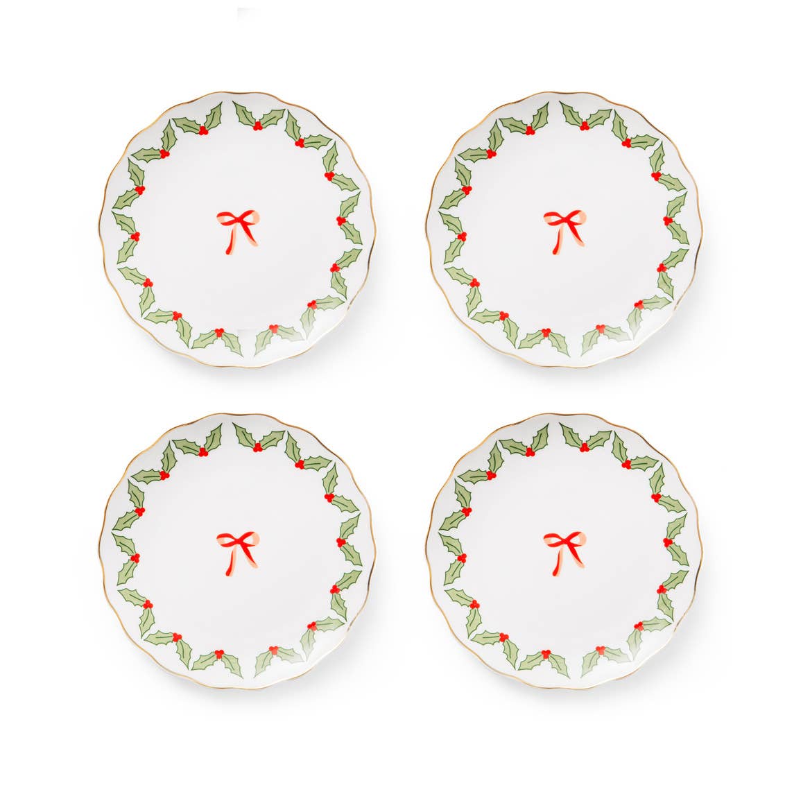 Red Bow Wreath Appetizer Plates, Set of 4