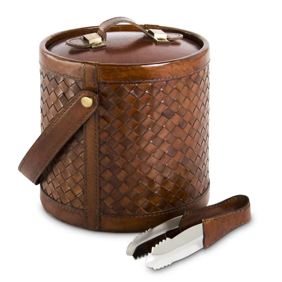 9" Tan Leather Basket Weave Ice Bucket w/Tongs - Marcel’s Culinary Experience