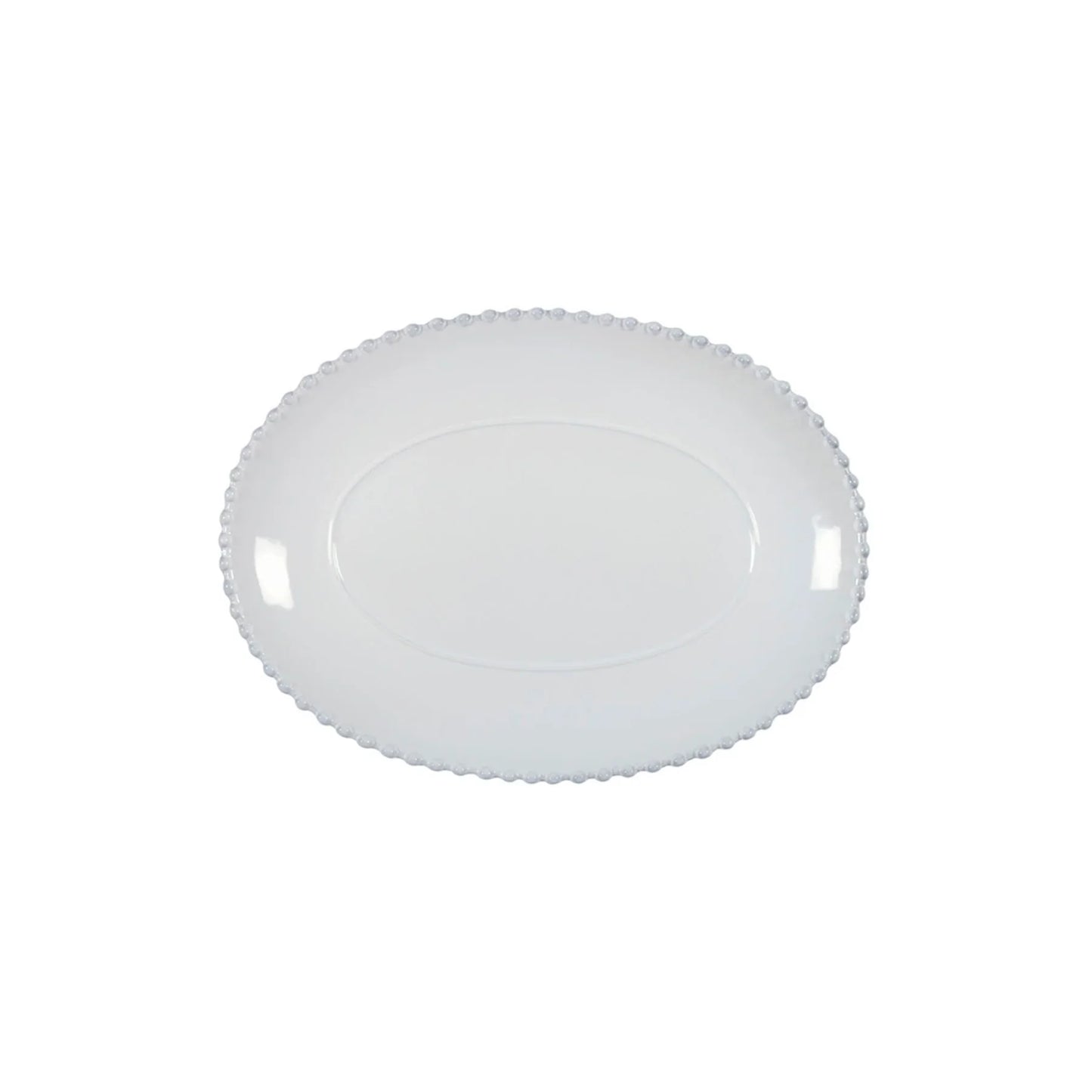 White oval ceramic serving platter with beaded rim on white background