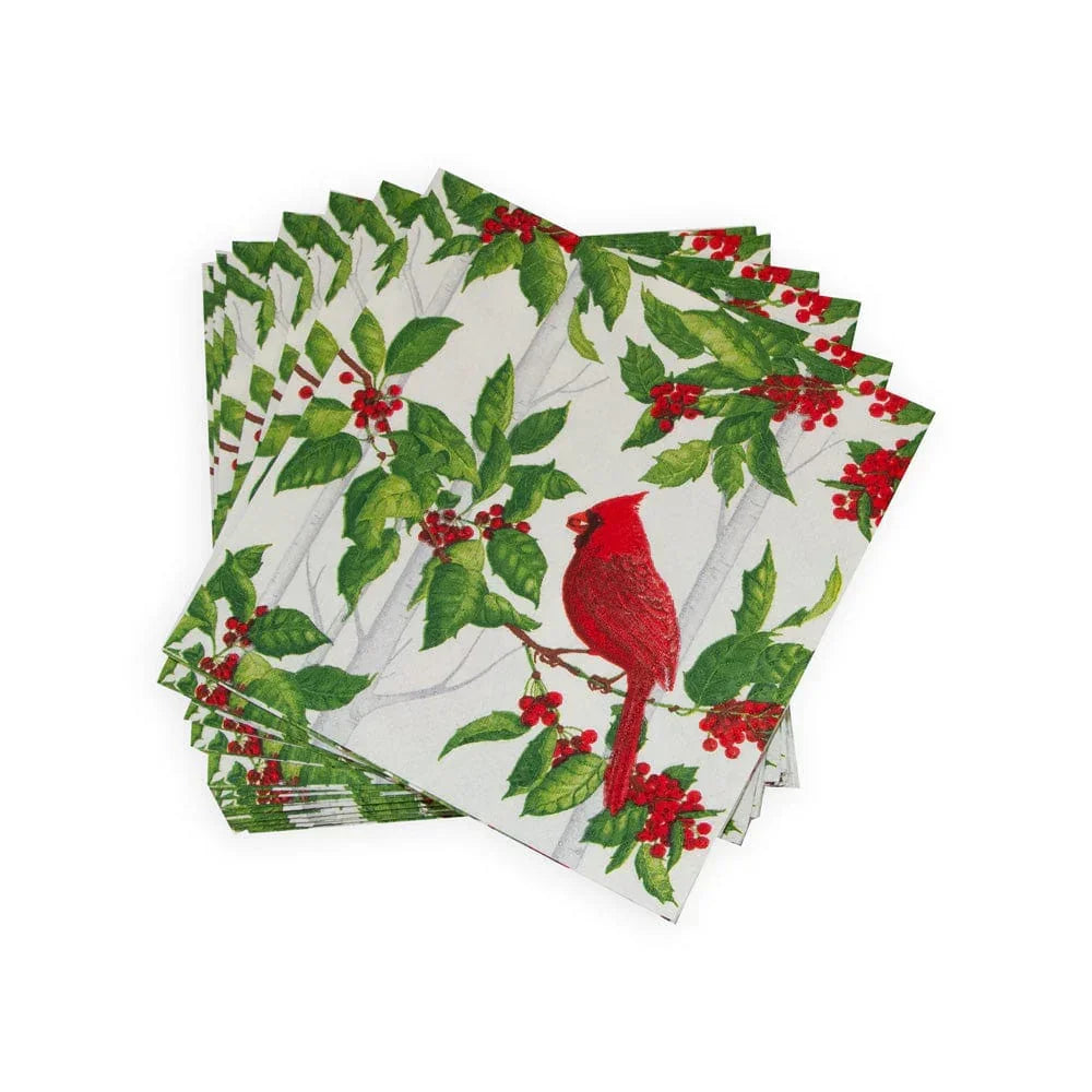 Holly And Songbirds White & Silver Cocktail Napkins - 20 Per Package - Marcel’s Culinary Experience