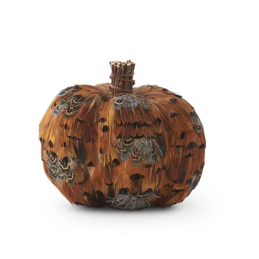 Orange & Brown Feather Pumpkin w/Twig Stem 5" - Marcel’s Culinary Experience