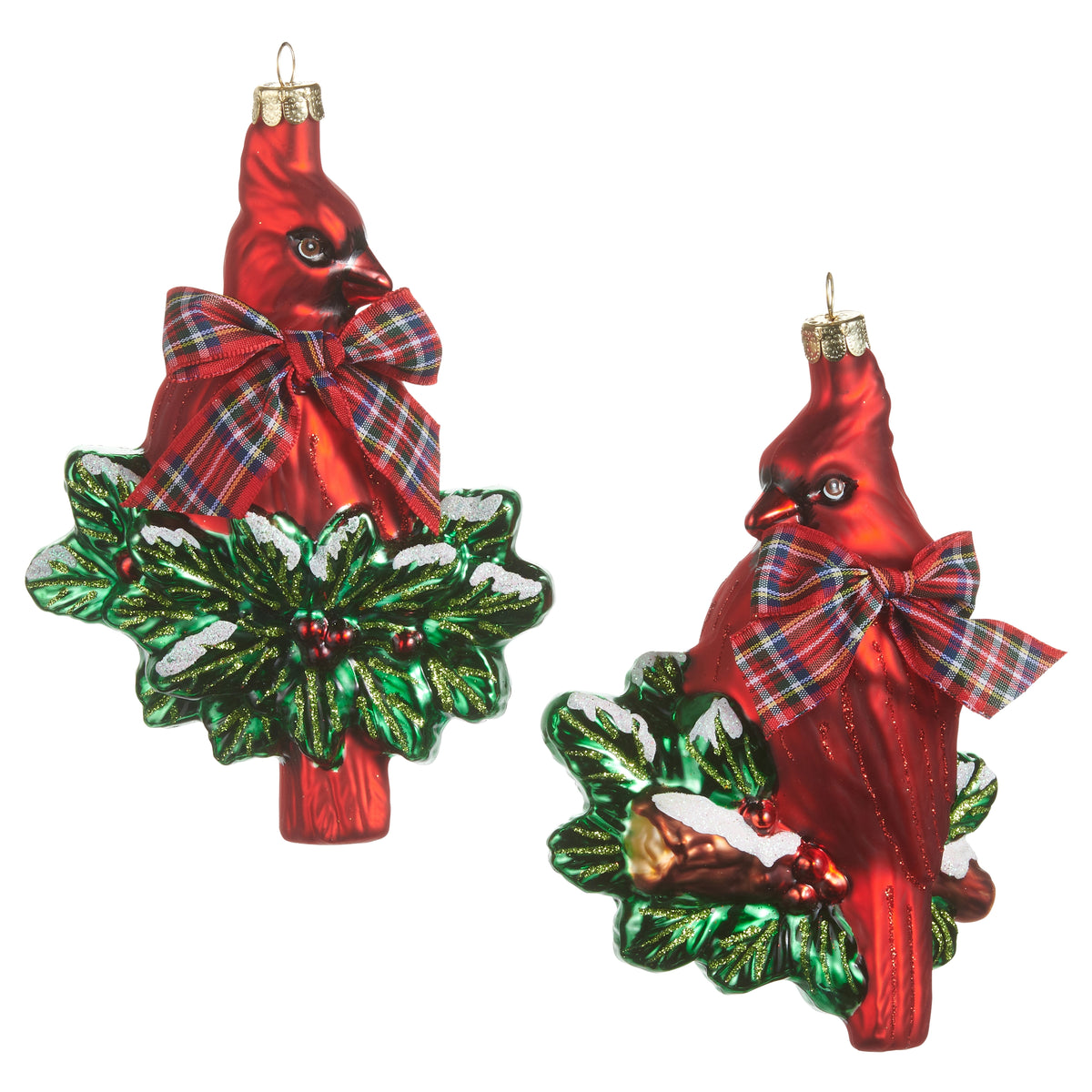 Cardinal with Holly & Bow Glass Ornament
