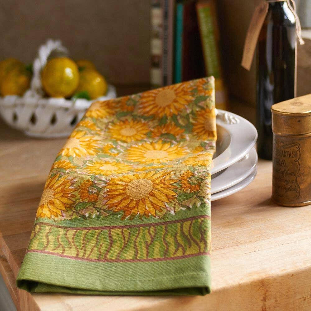 Couleur Nature Sunflower Yellow & Green Tea Towels - Hand-Printed Kitchen Towels