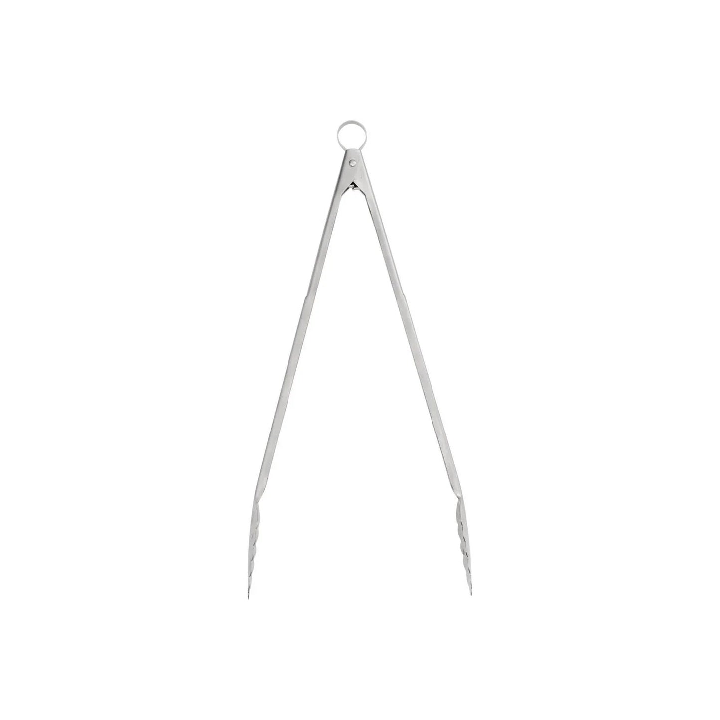 Stainless steel kitchen tongs with scalloped edges and a locking ring on white background