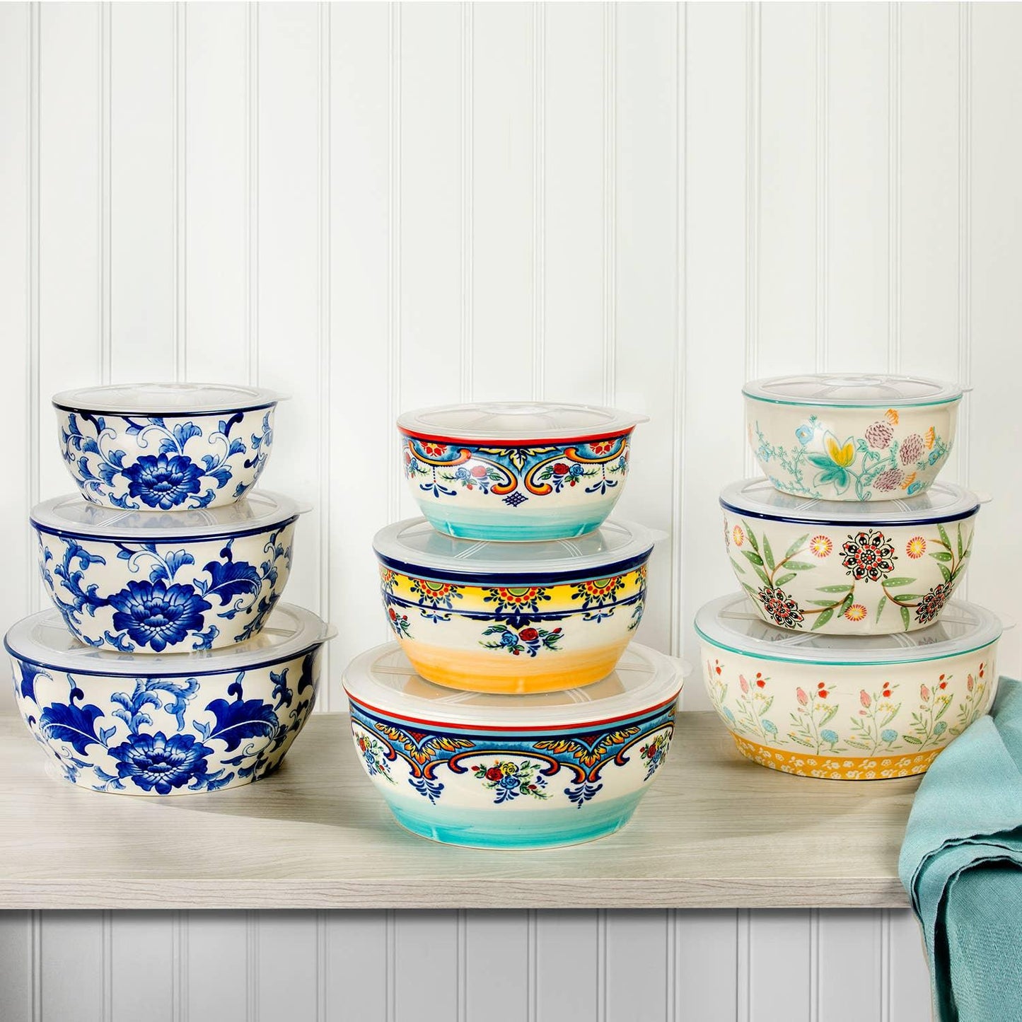 Blue Garden Blue and White Stoneware Storage Bowls, Set of 3