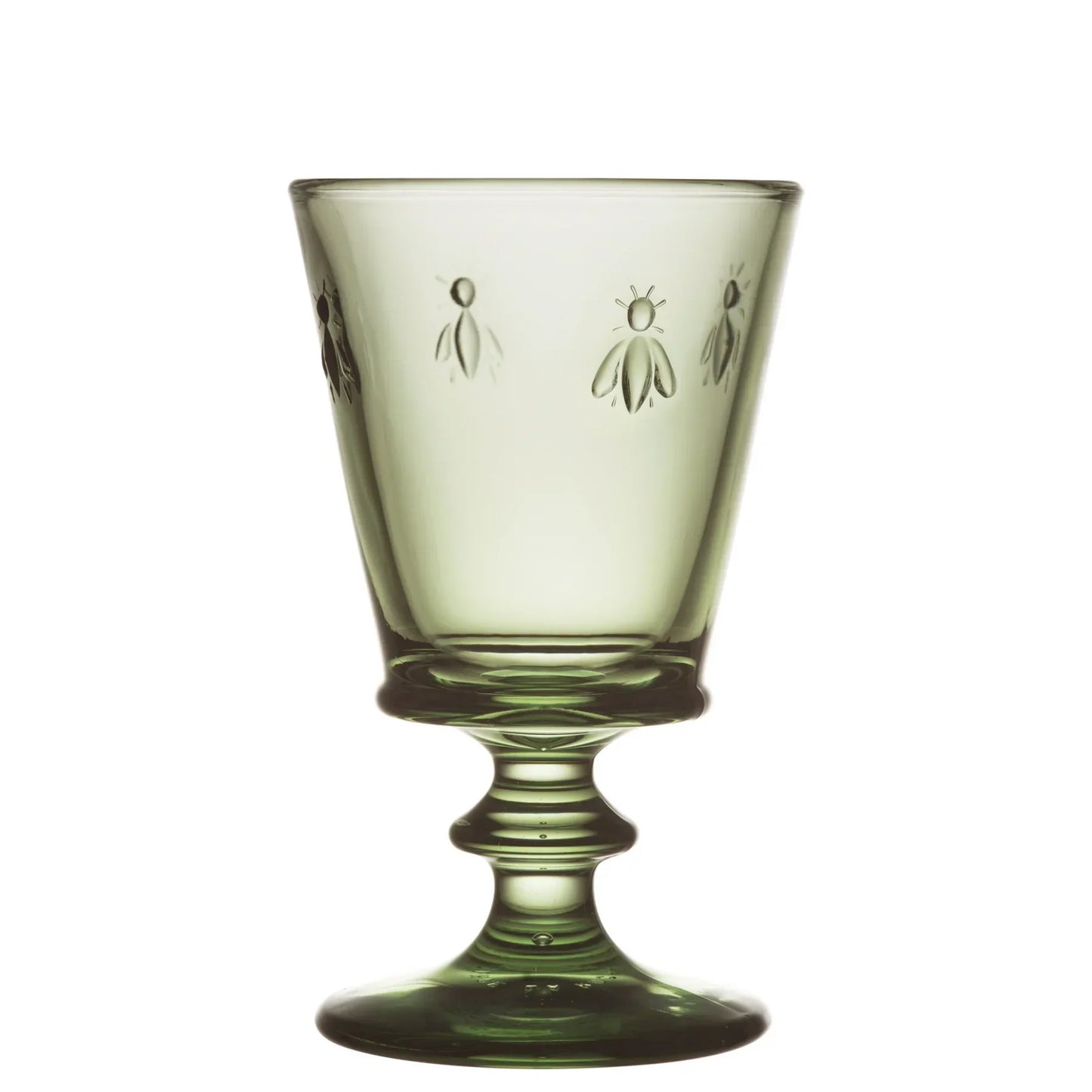 Green vintage-style glass goblet with embossed bee designs on the bowl and decorative stem