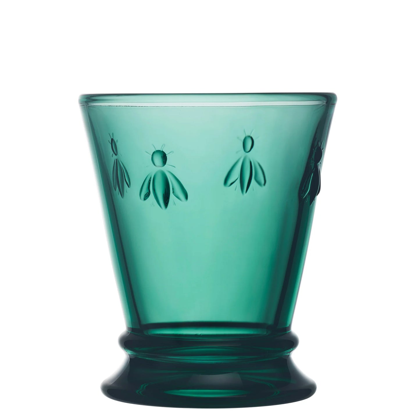 Teal green glass vase with embossed bee motifs and flared base on white background
