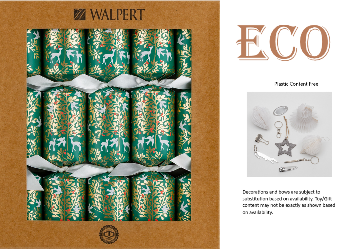 Green Foliage & Deer Christmas Crackers, Set of 10