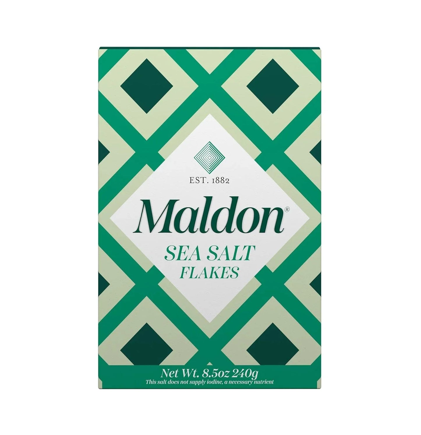 Maldon sea salt flakes box with green geometric pattern, 8.5oz 240g packaging