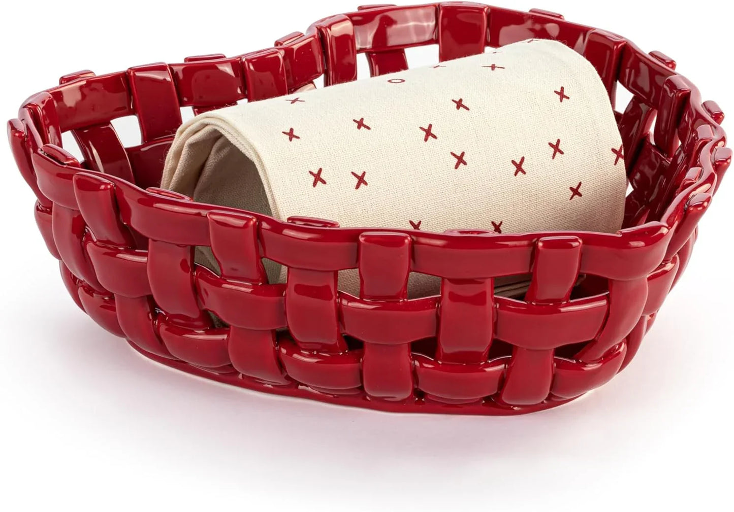 Red Ceramic Heart Bread Basket with Towel - Marcel’s Culinary Experience