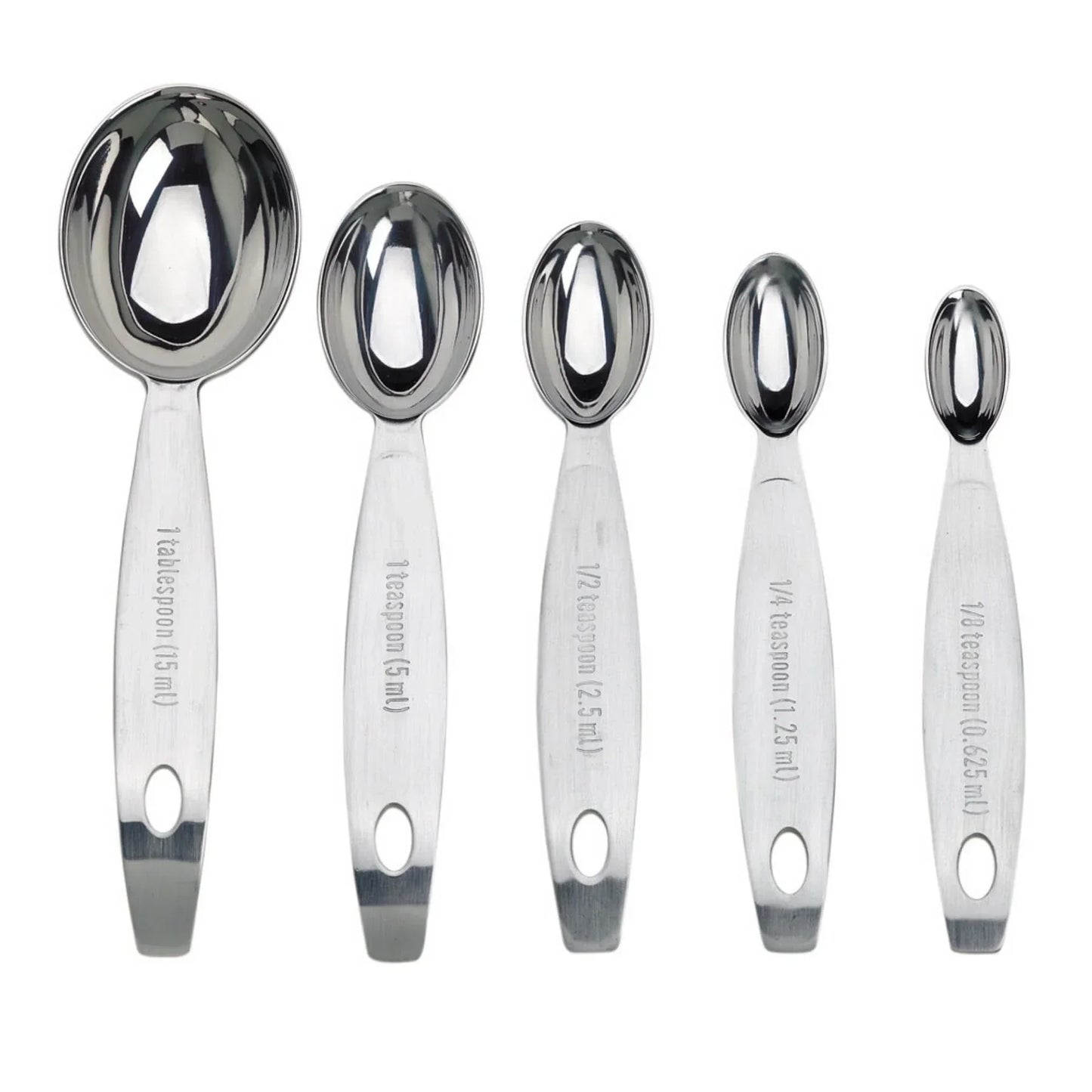 Set of five stainless steel measuring spoons with engraved measurements from 1 tablespoon to 1/8 teaspoon