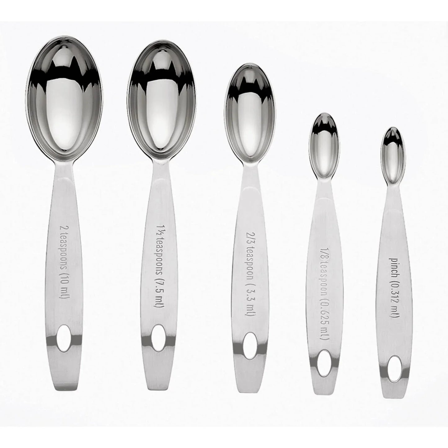 Set of five stainless steel measuring spoons with various teaspoon and pinch measurements