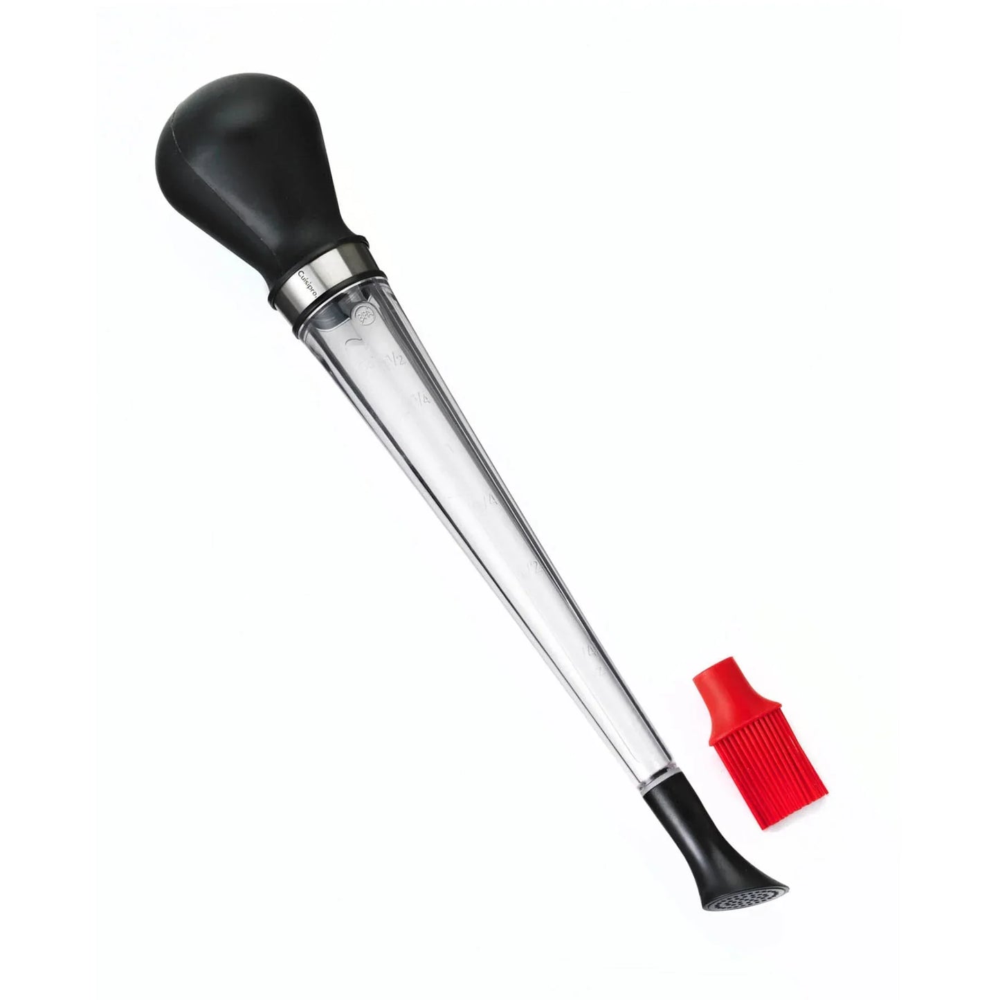 Black bulb baster with clear measurement tube and red silicone basting brush on white background