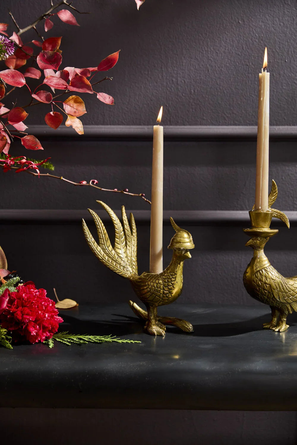 E+E Avery Pheasant Taper Candlestick - Antique Gold Metal Candle Holder