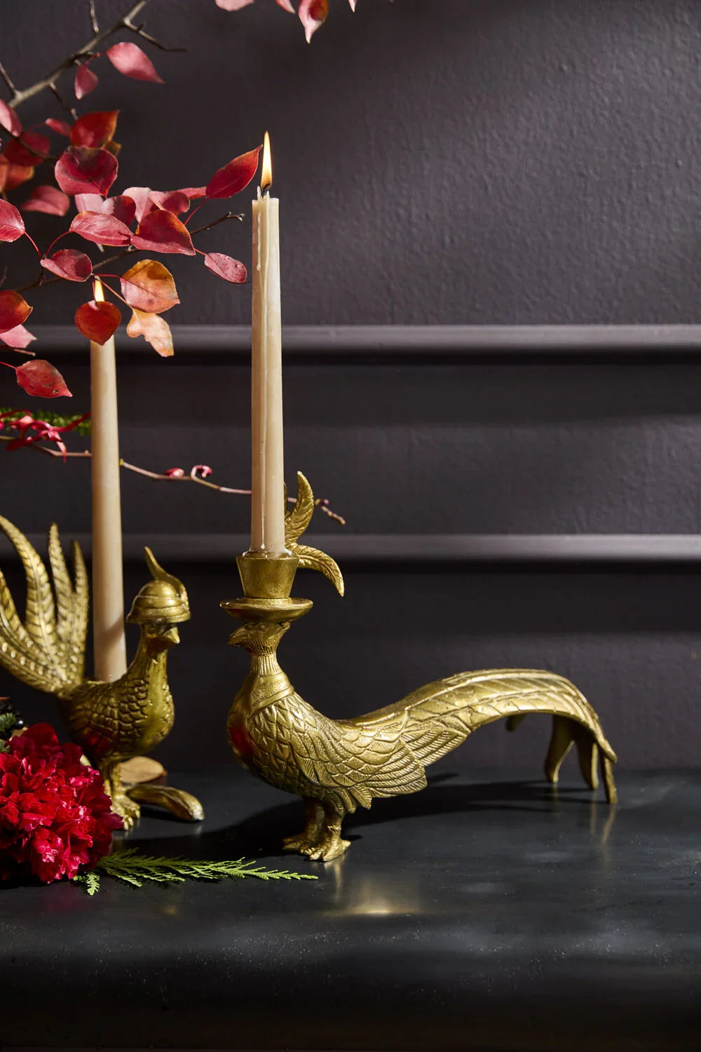 E+E Emerson Pheasant Taper Candlestick - Antique Gold Metal Candle Holder