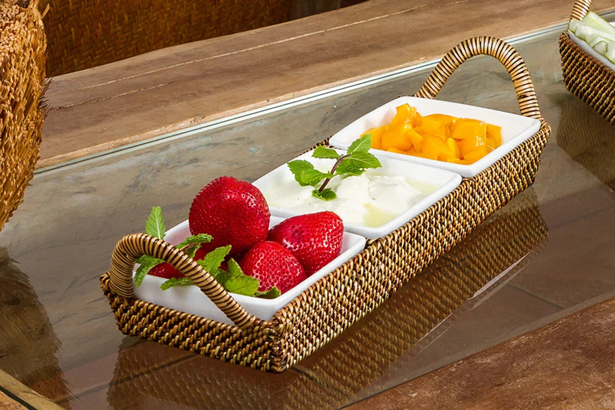 Handwoven Crudité Tray with 3 Porcelain Dishes