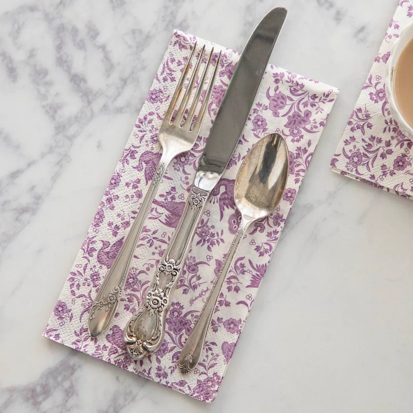 Hester & Cook Lilac Regal Peacock Guest Napkins - Marcel’s Culinary Experience