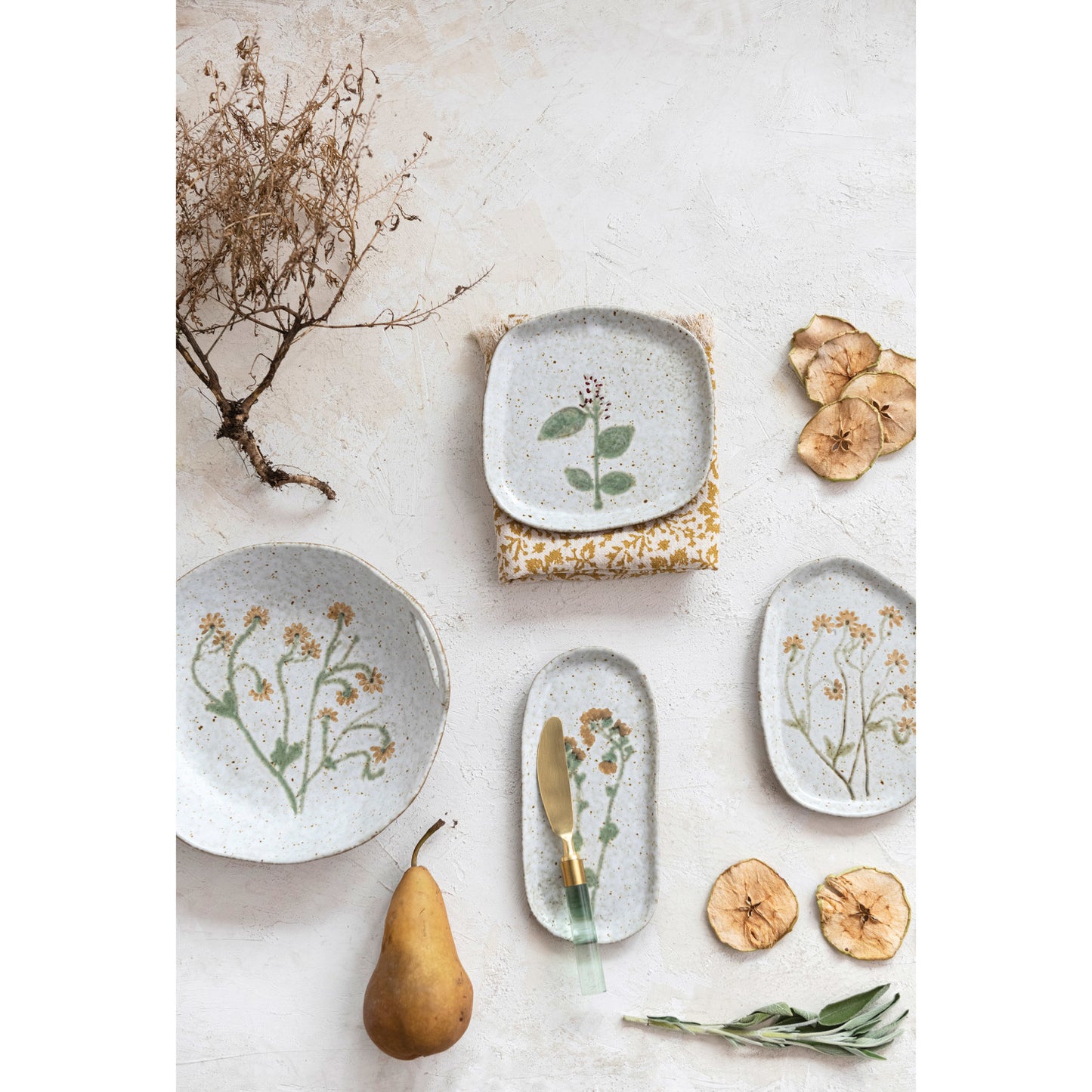 Hand-Painted Stoneware Bowl w/ Handles & Botanicals