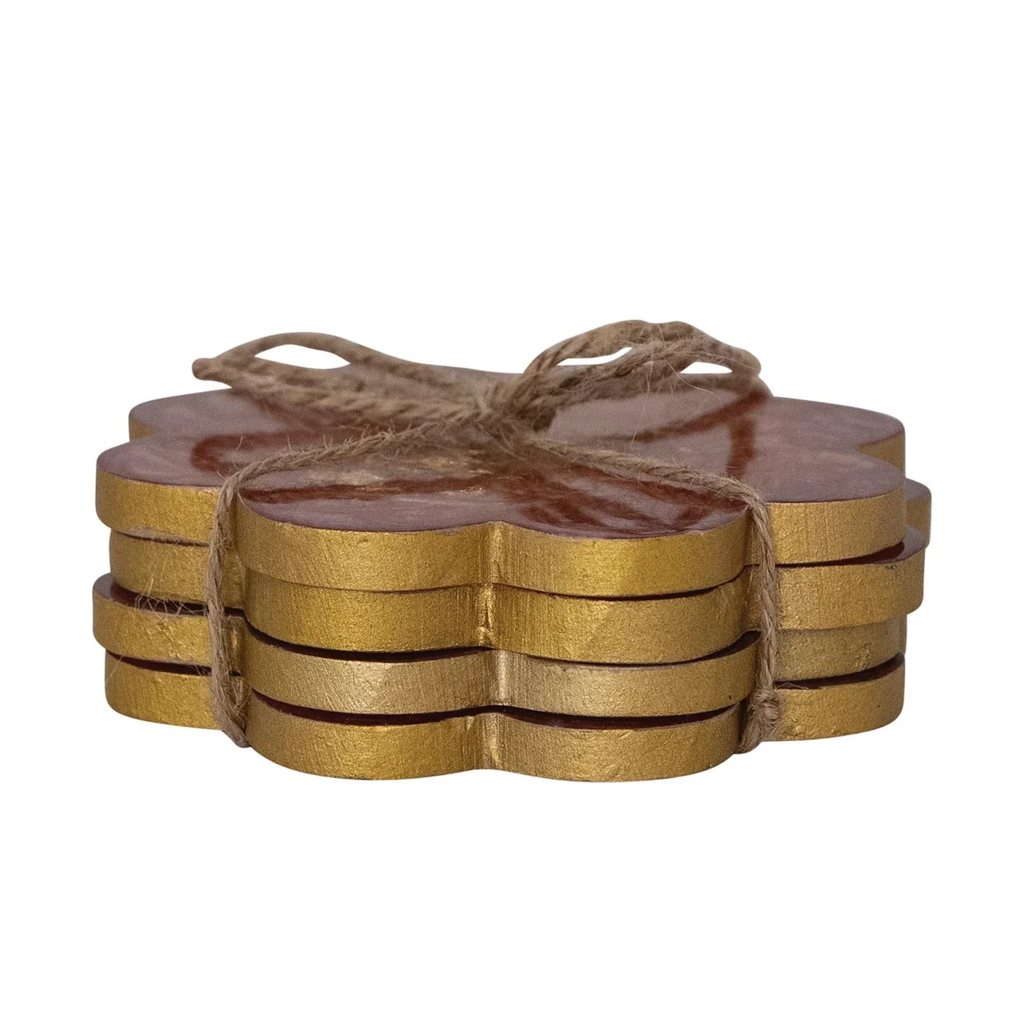Flower Shaped Coasters with Gold Foil, Set of 4 Tied with Jute