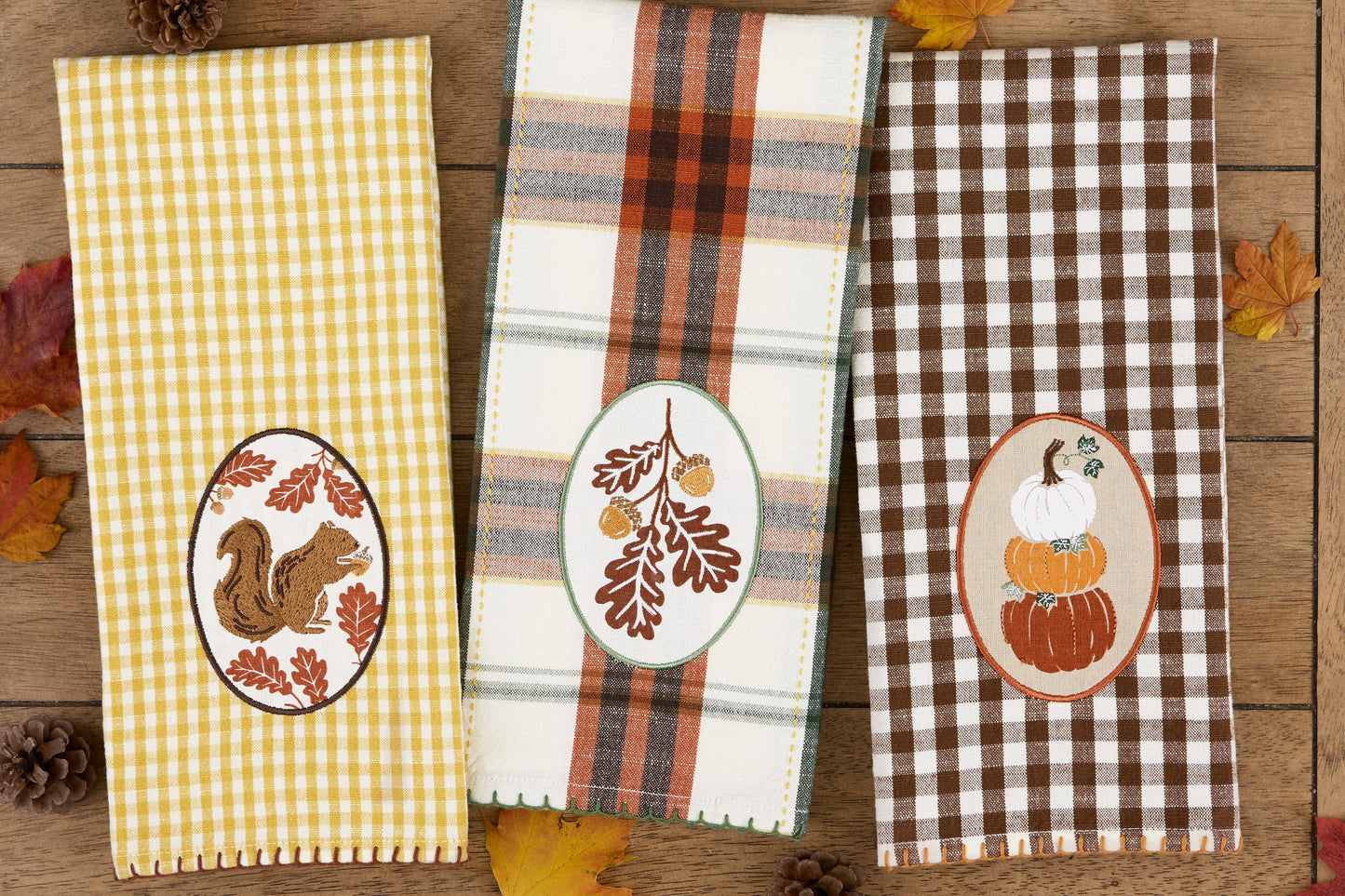 Autumn Pumpkin Stack Embellished Dishtowel