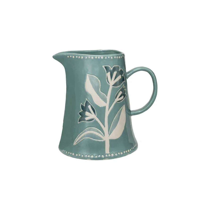 Hand-Painted Stoneware Pitcher with Wax Relief Flowers, 2 Quart