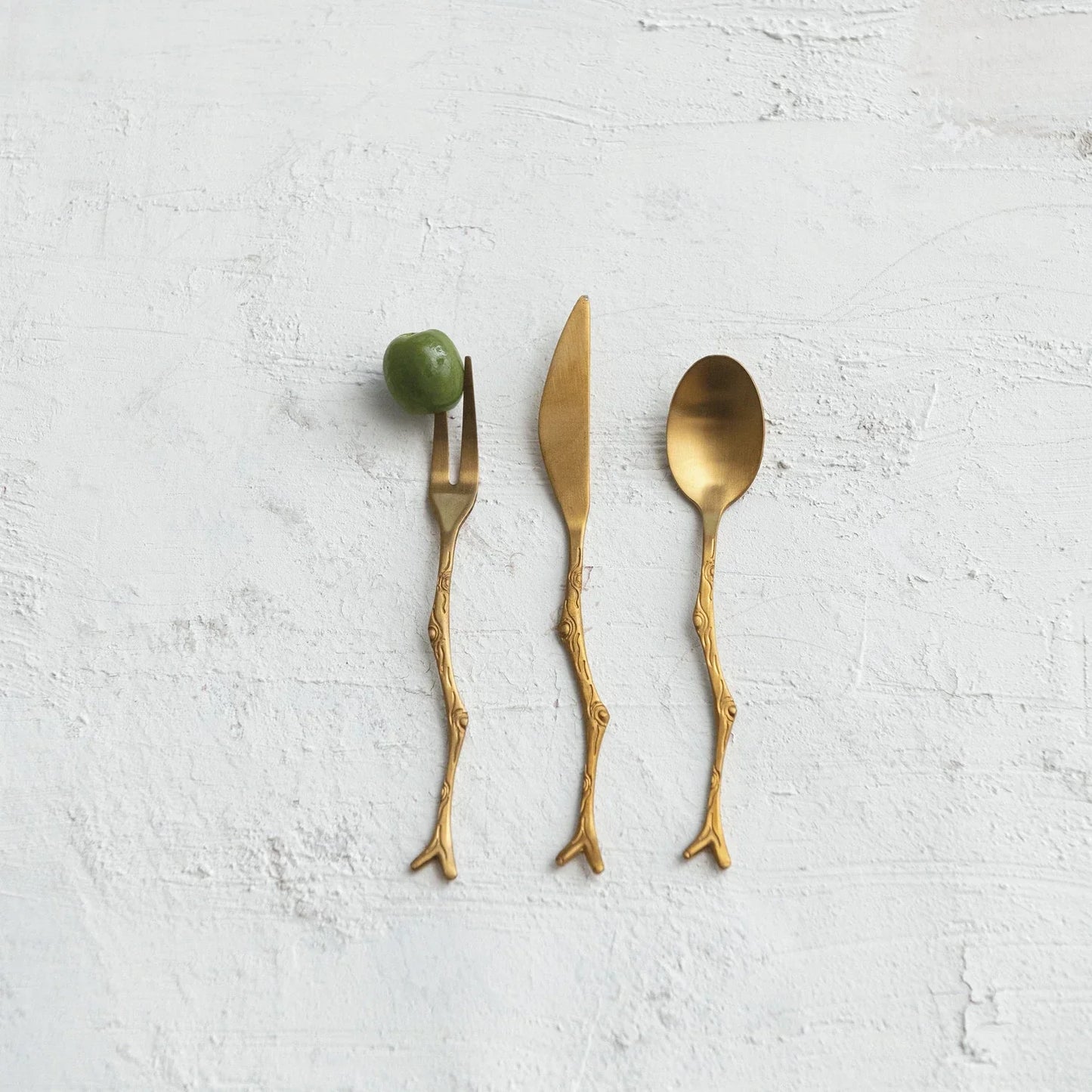 Appetizer Utensils w/ Twig Shaped Handles, Gold, Set of 3 - Marcel’s Culinary Experience