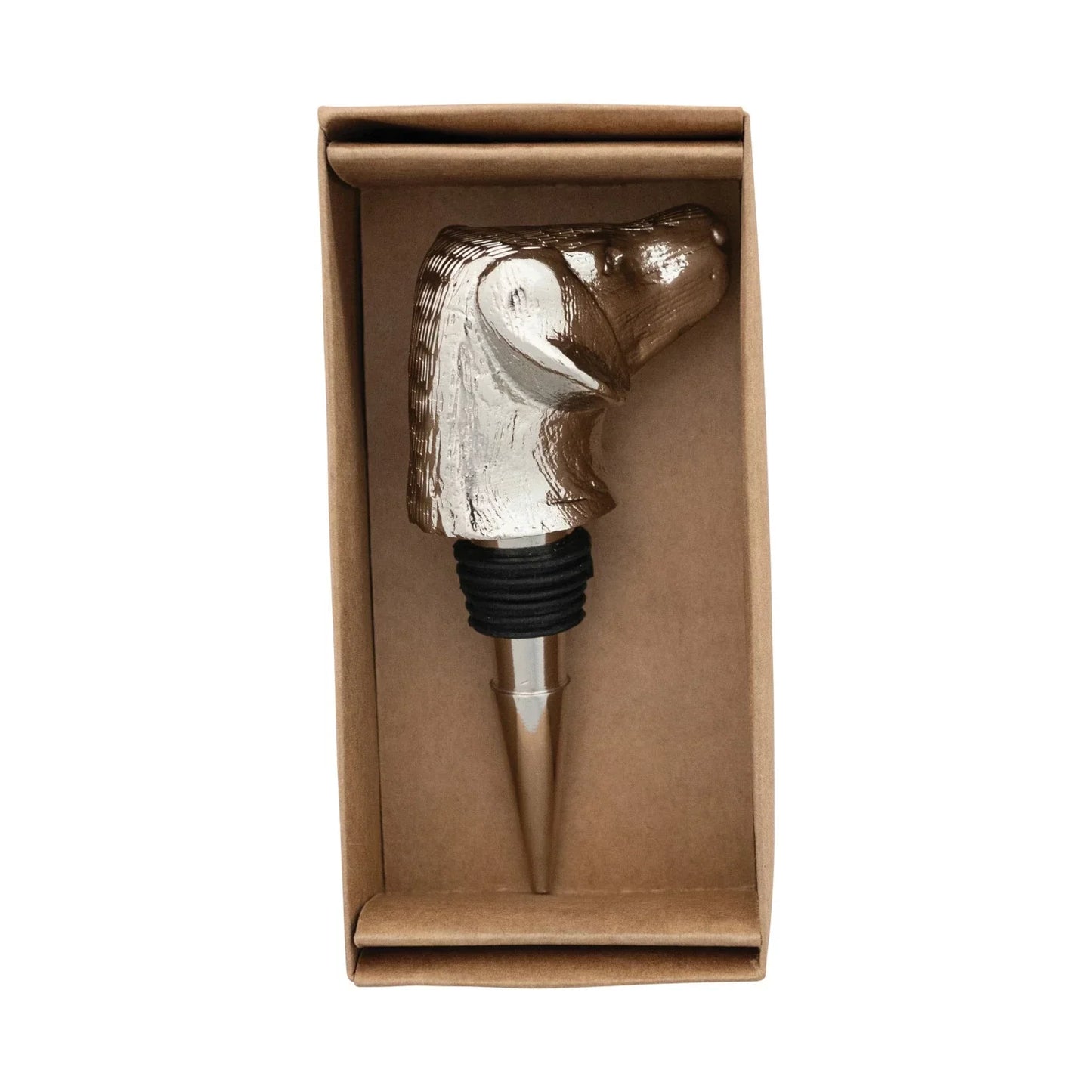 Cast Aluminum Dog Head Bottle Stopper in Kraft Box, Nickel Finish - Marcel’s Culinary Experience