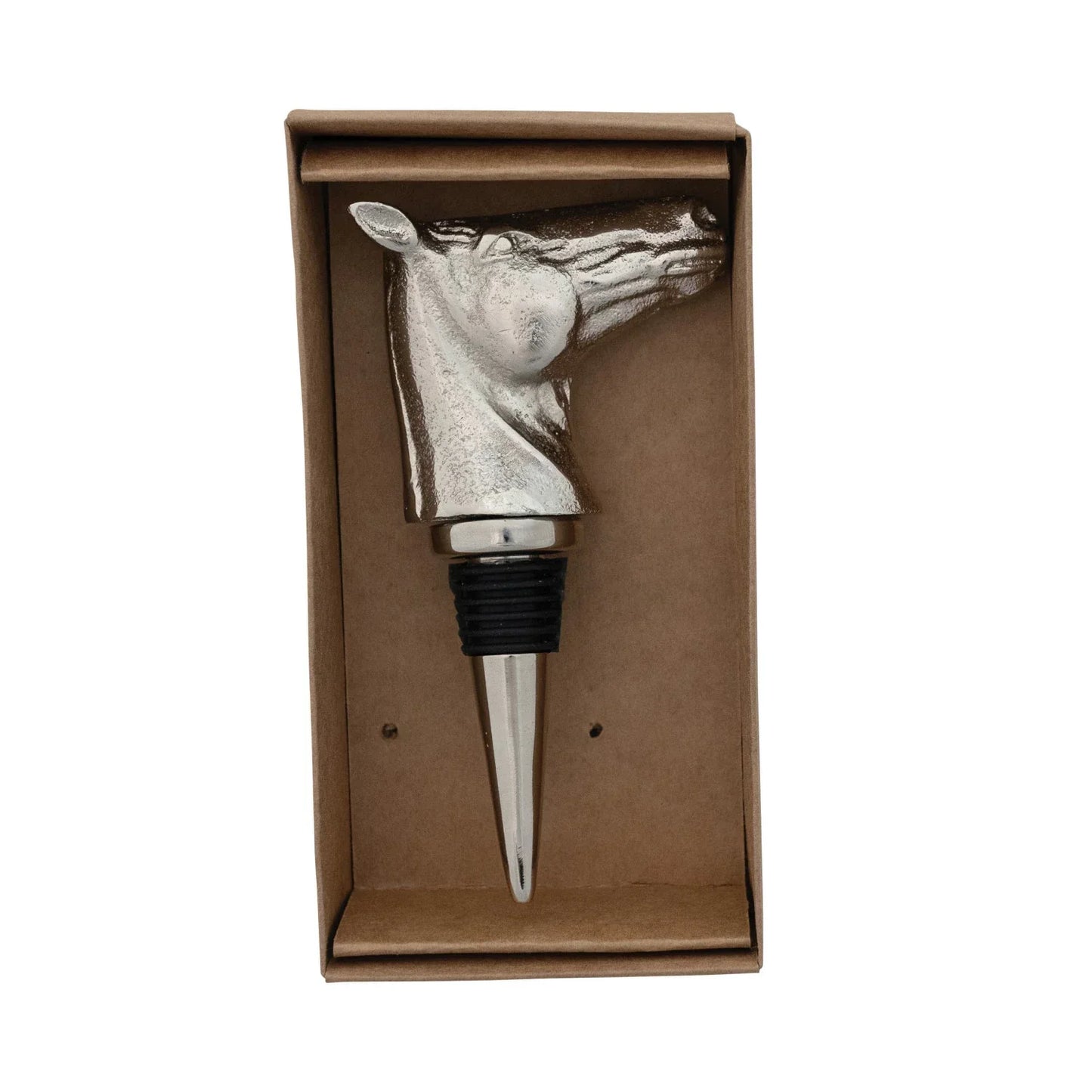 Cast Aluminum Horse Head Bottle Stopper in Kraft Box, Nickel Finish - Marcel’s Culinary Experience
