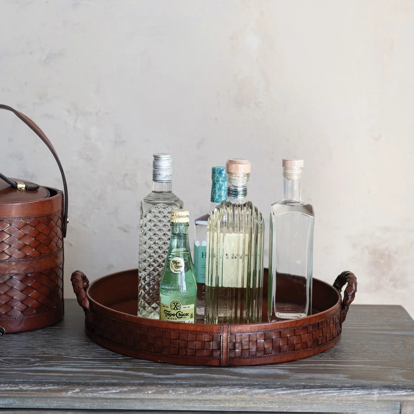 Round MDF & Woven Leather Tray w Braided Handles 16" - Marcel’s Culinary Experience