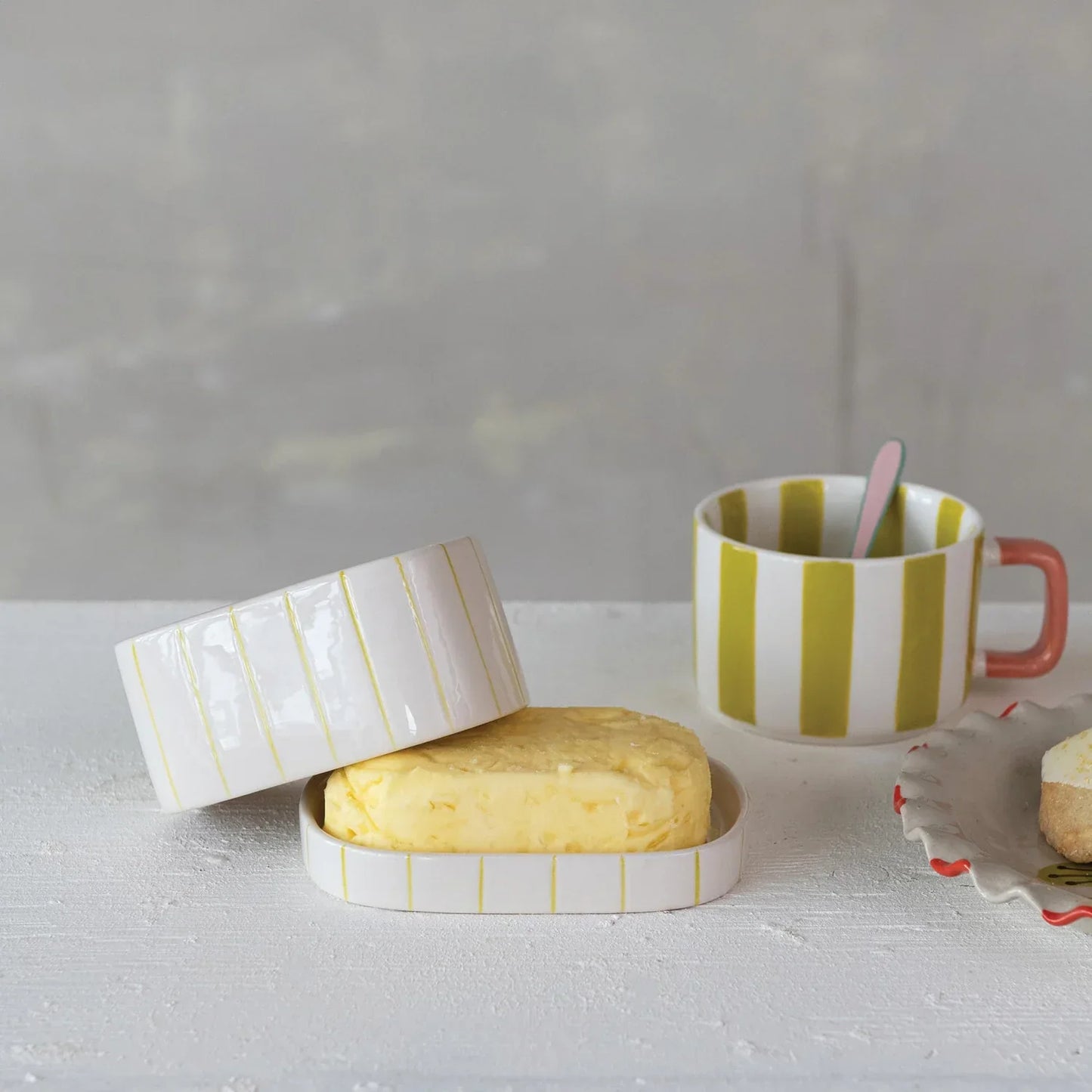 Stoneware Striped Butter Dish, White & Citron - Marcel’s Culinary Experience