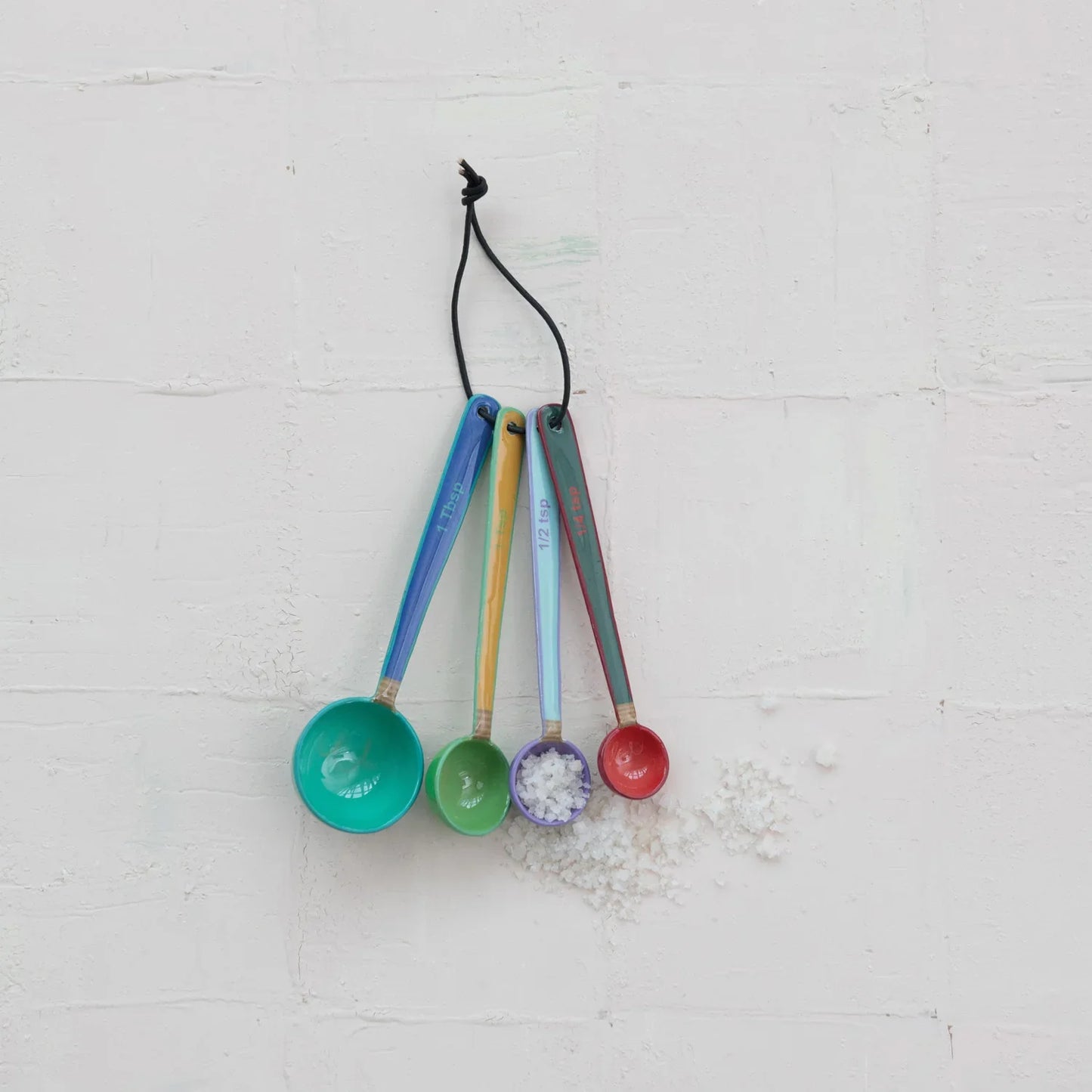 Enameled Measuring Spoons with Leather Tie 4 Colors, Set of 4
