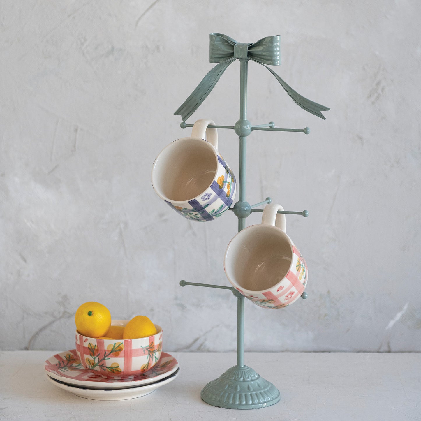 12 oz Hand-Painted Stoneware Mug with Grid & Botanicals