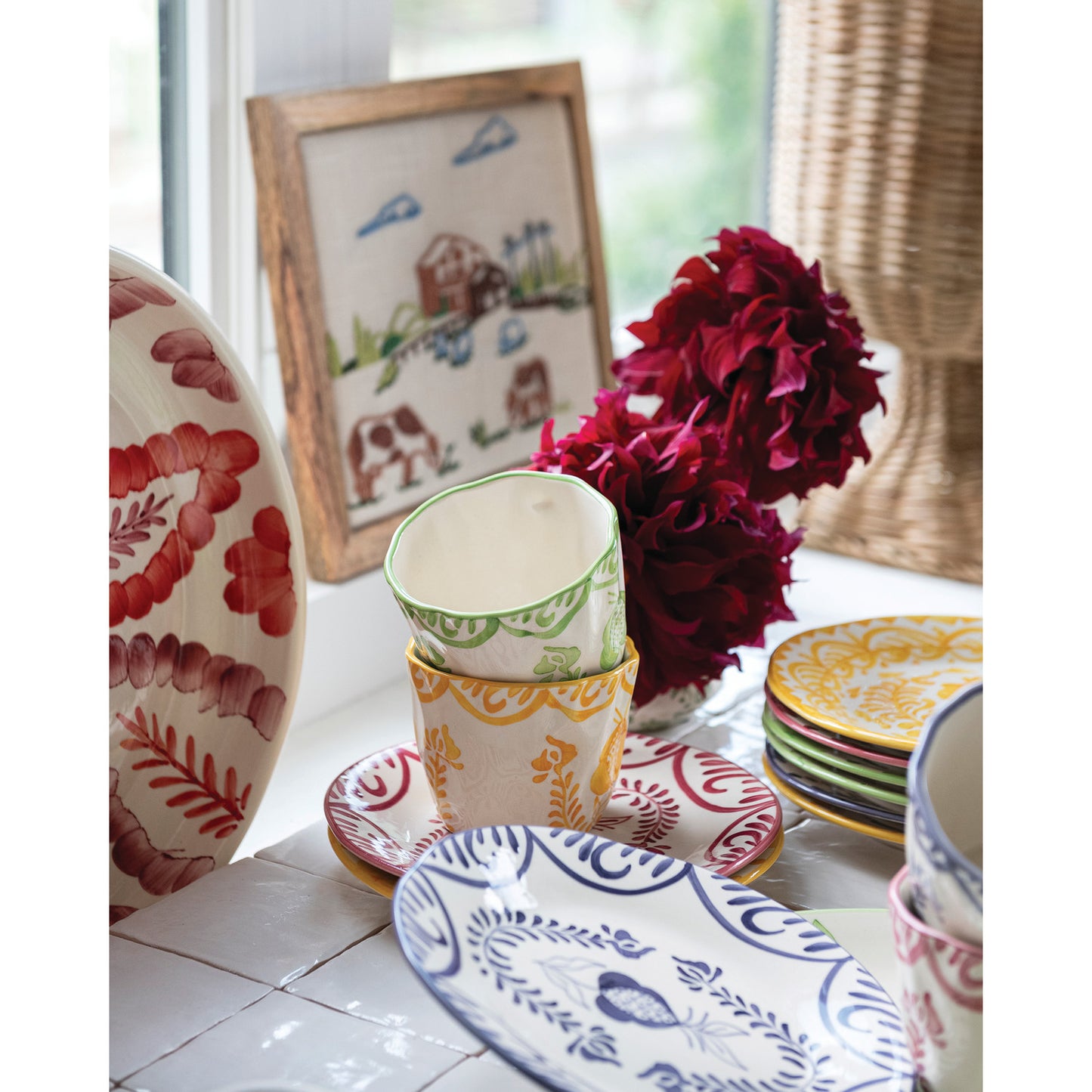 Hand-Painted Stoneware Organic Shaped Platter with Botanical Design