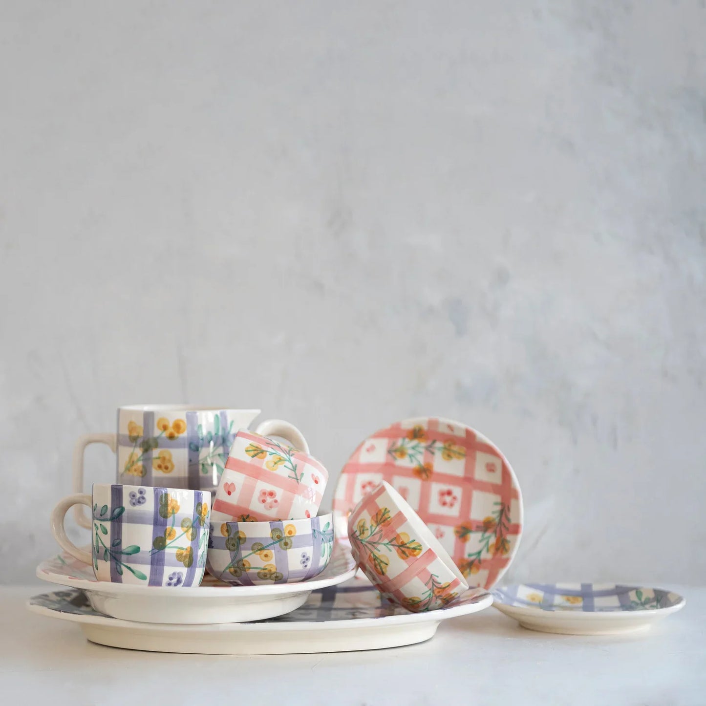 Hand-painted Stoneware Platter with Grid Pattern and Botanicals