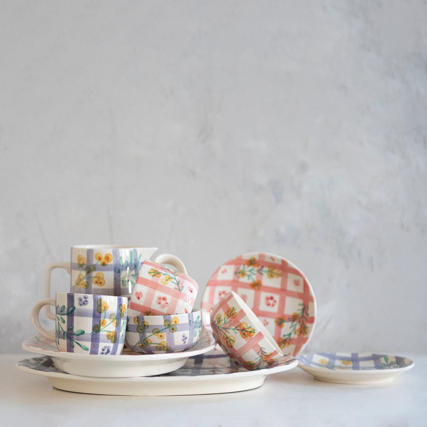 Hand-painted Stoneware Platter with Grid Pattern and Botanicals