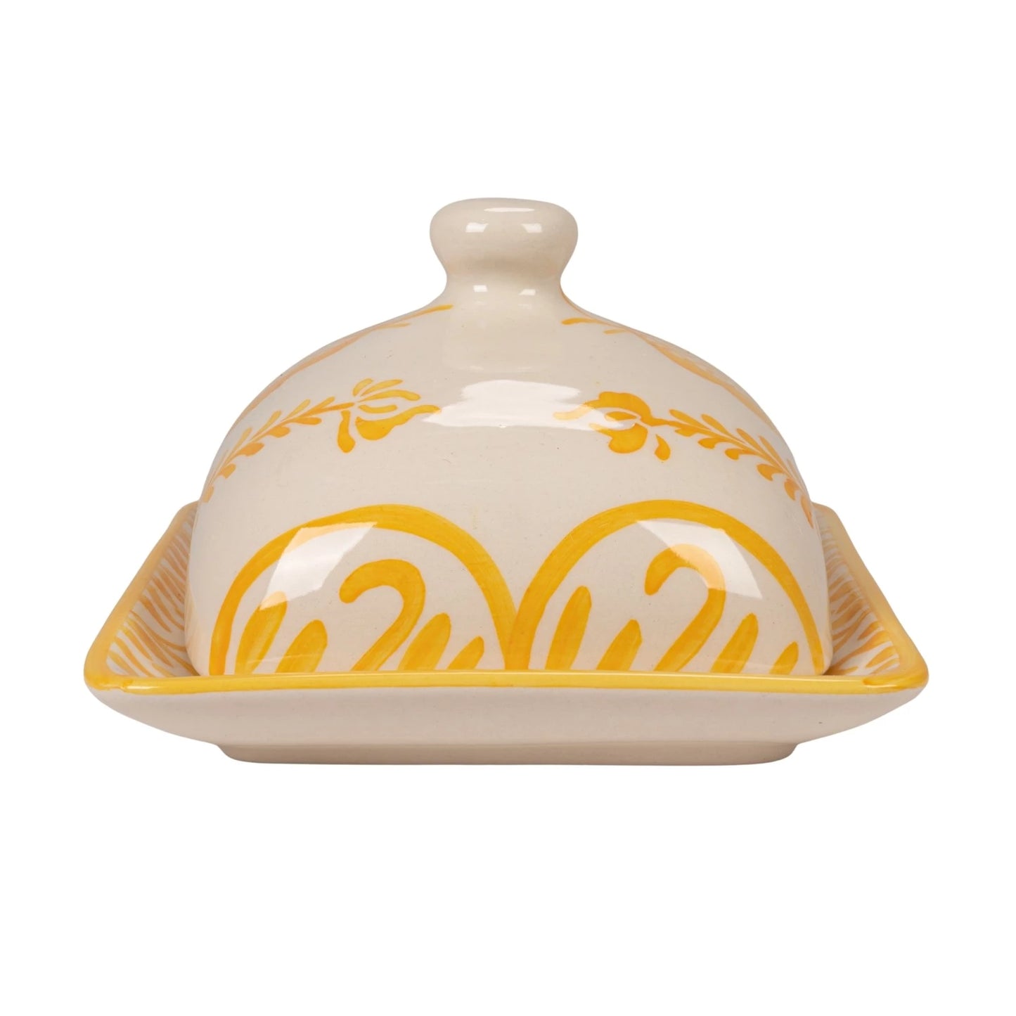 Hand-Painted Stoneware Butter Dish with Botanical Design, Yellow & White