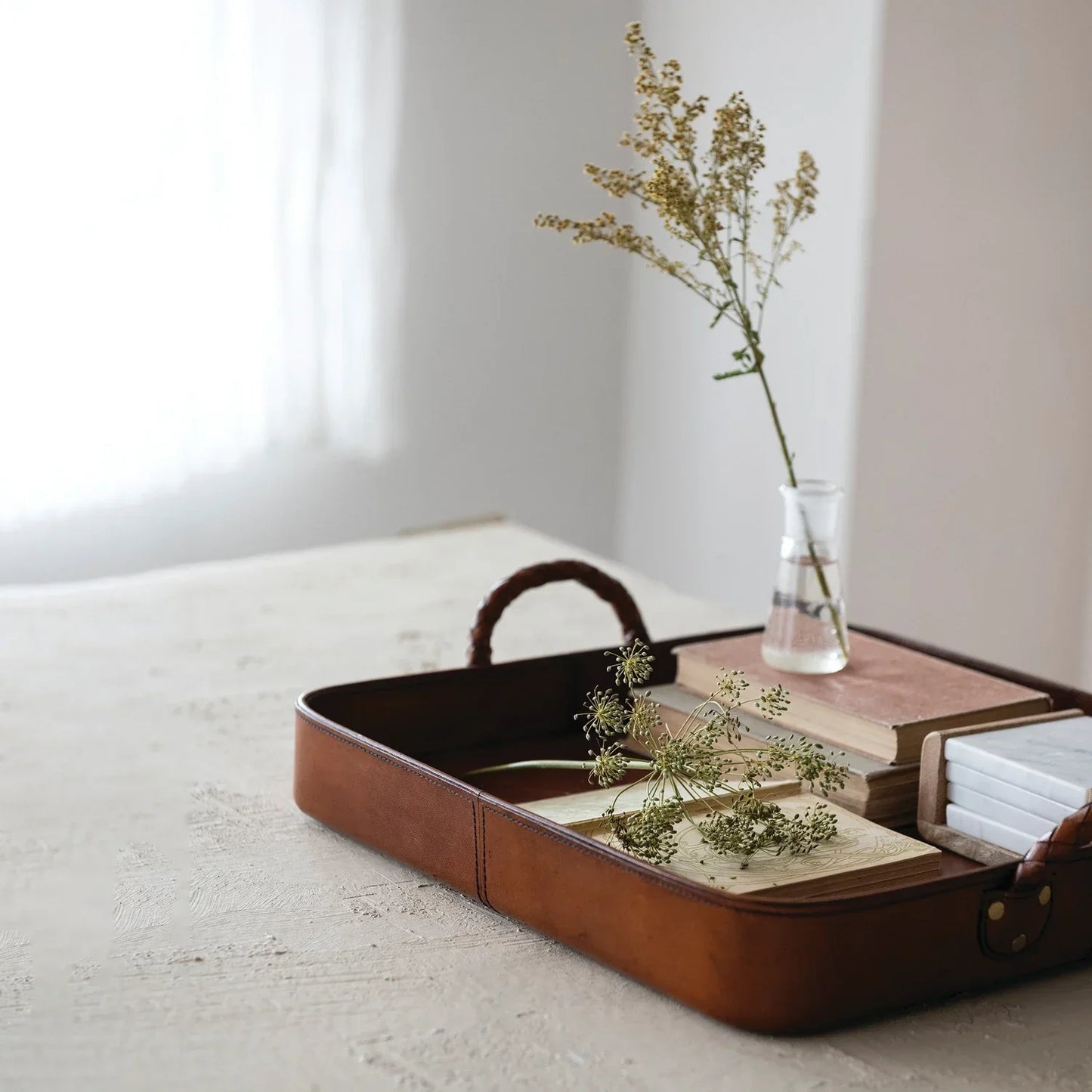Decorative Leather Tray with Braided Handles, Cognac Color