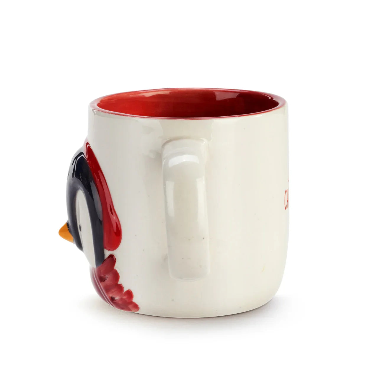 White ceramic mug with a red interior and penguin face design on the side