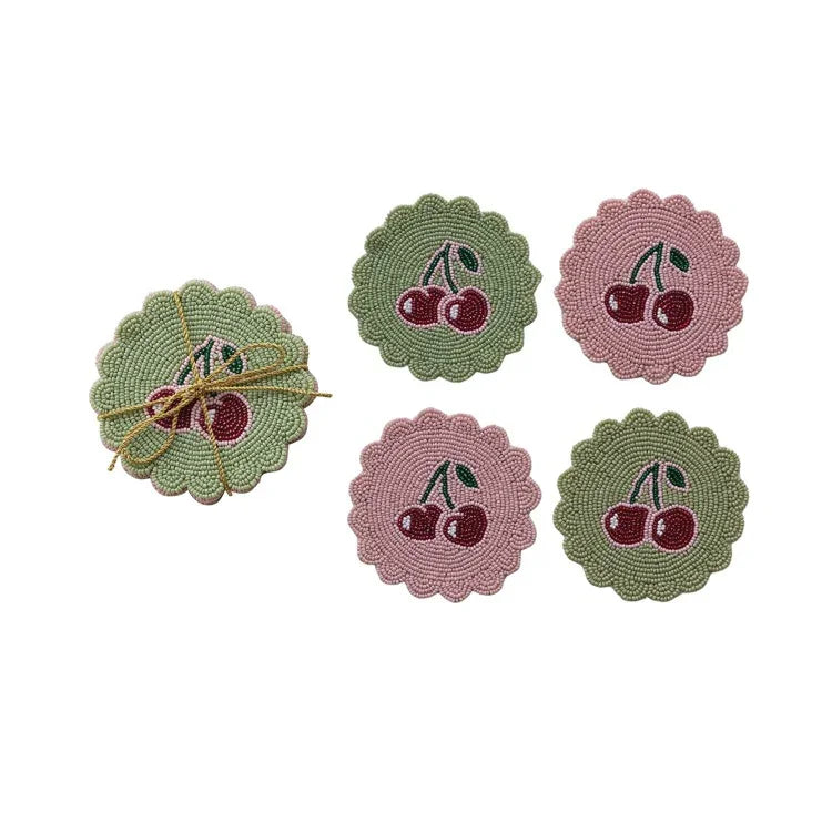 Handmade Beaded Coasters with Cherries, set of 4
