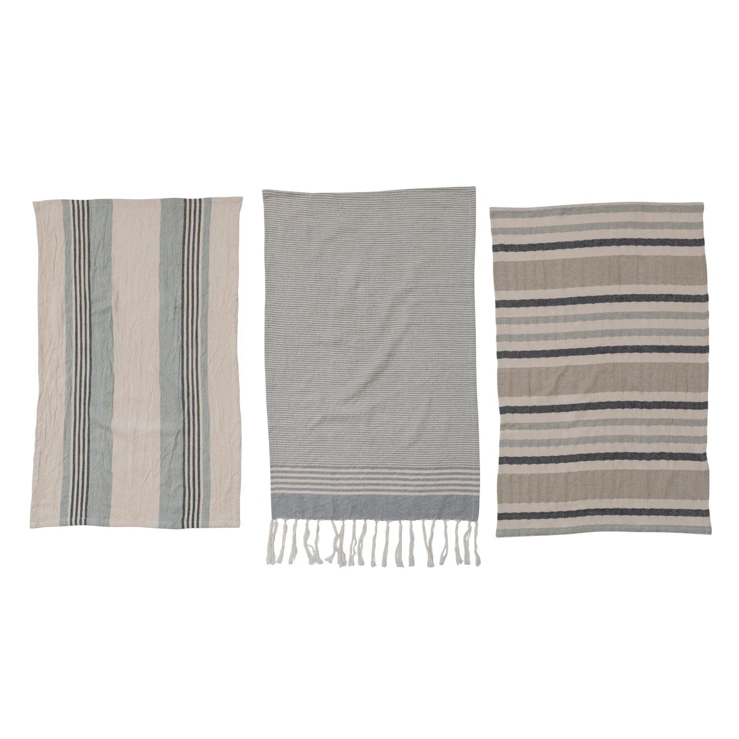 Woven Cotton Tea Towels with Stripes, Jute & Wood Bead