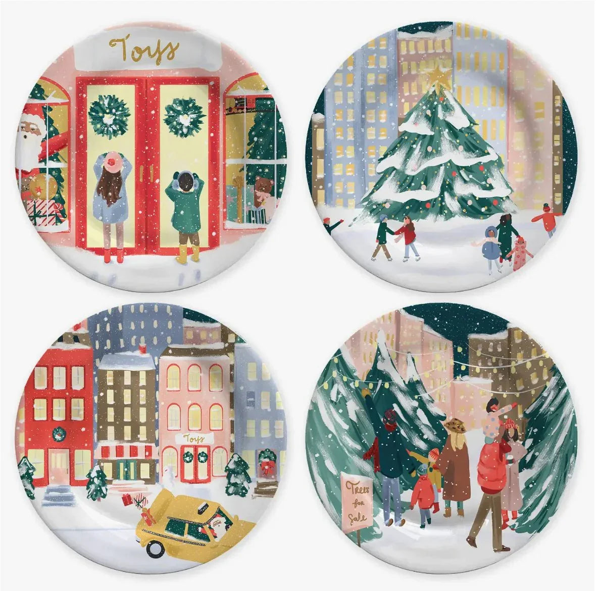 Set of four round Christmas illustrations featuring kids by toy store, city Christmas tree, snowy town with taxi, and tree lot with families