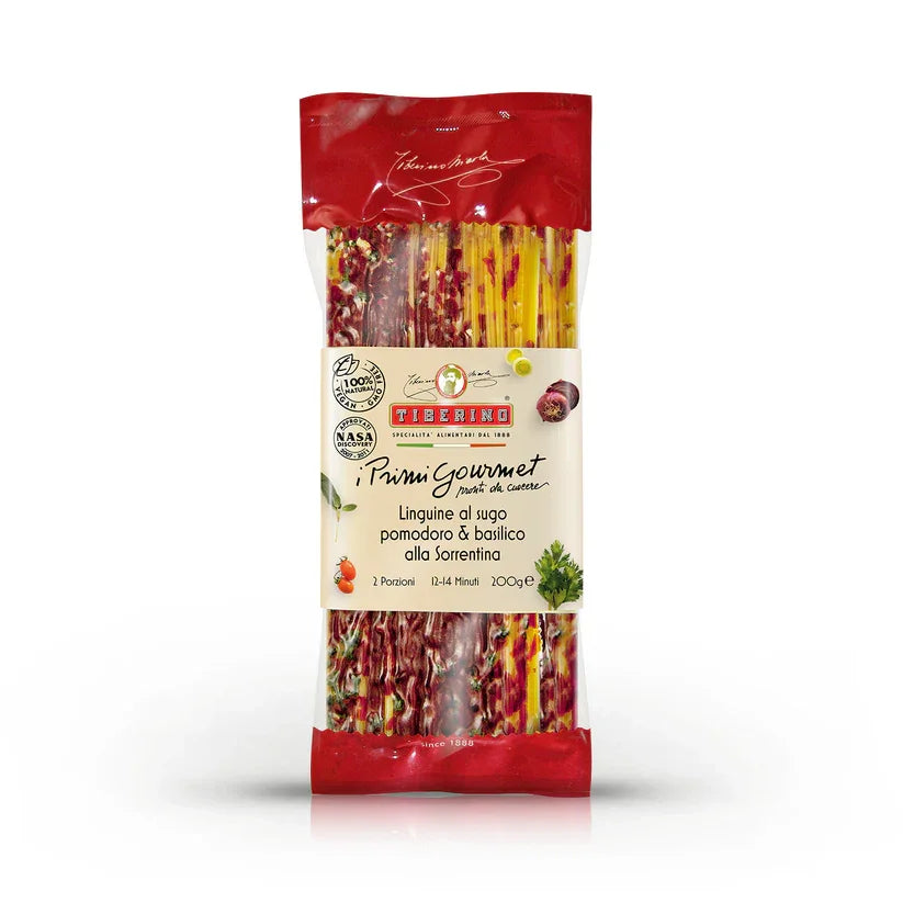 Tiberino Primi Gourmet linguine pasta with tomato and basil, 200g package, red and yellow colors