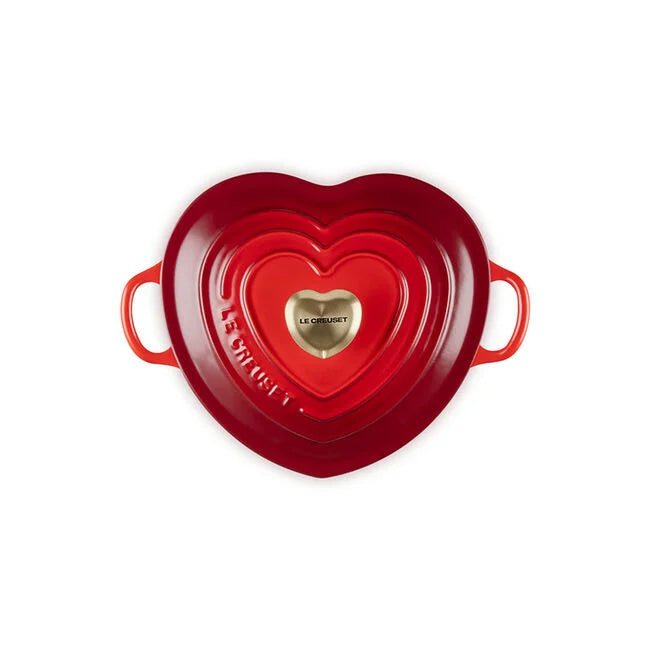 Le Creuset Shallow Heart Cocotte with Light Gold Heart Knob - Cerise