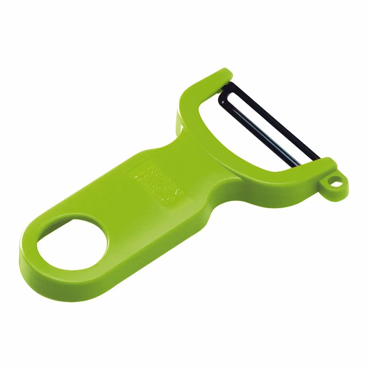 Green Swiss-style vegetable peeler with black blade on white background
