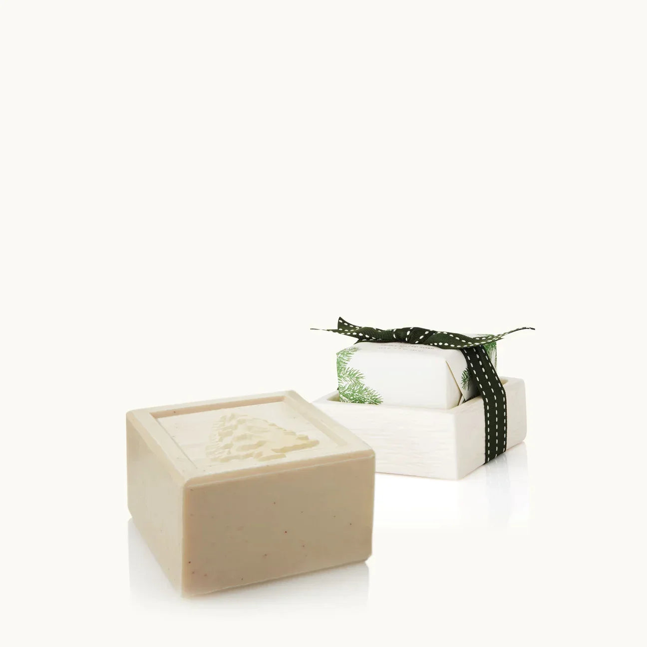 Thymes Frasier Fir scent bar soap with embossed tree design and decorative wooden dish with ribbon