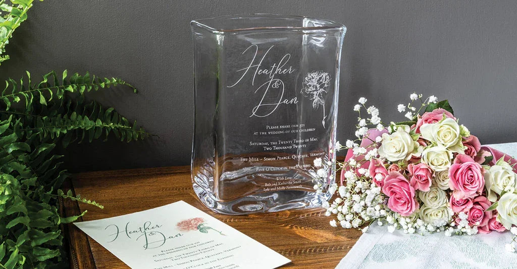 Simon Pearce Engraved Weston Vase - Large With Wedding Invitation