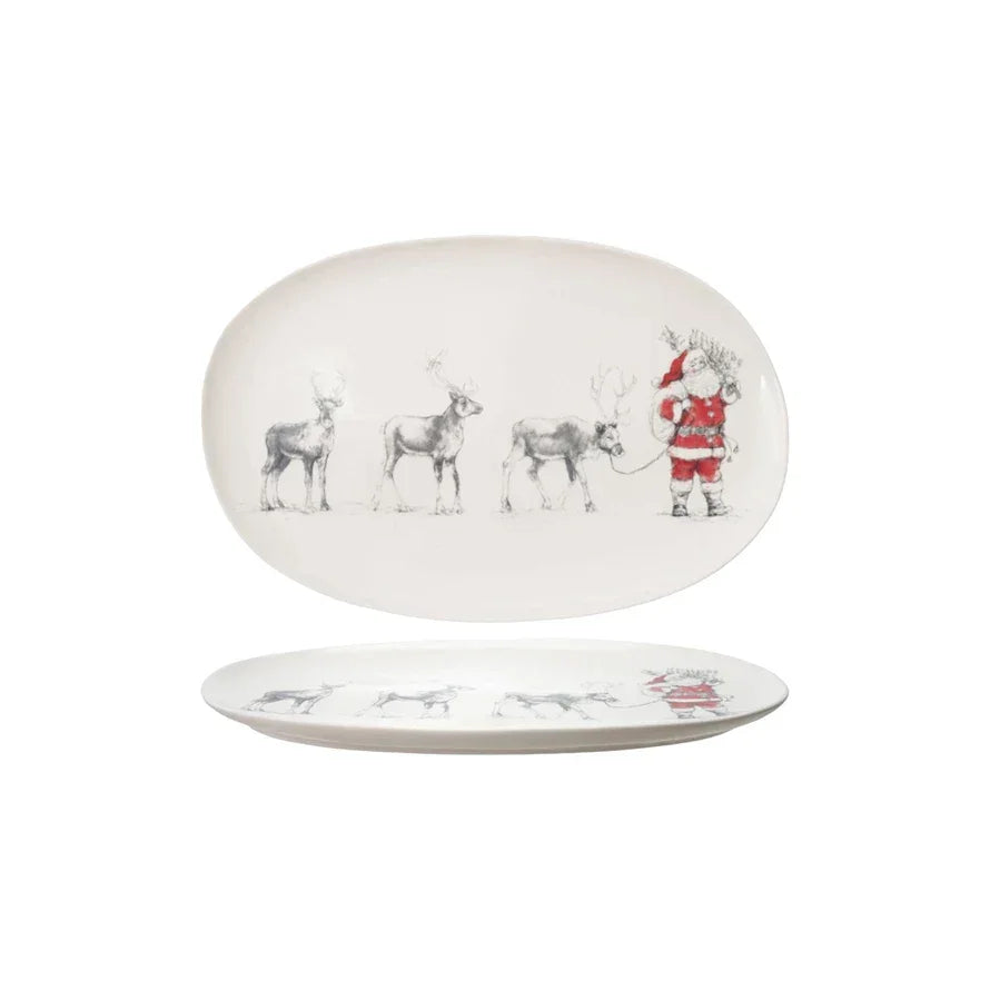 Oval Stoneware Serving Platter with Santa Leading Reindeer - Marcel’s Culinary Experience