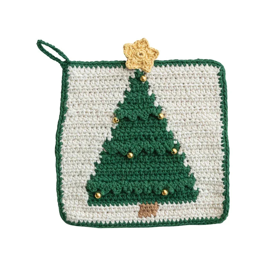 Square Cotton Crocheted Pot Holder with Christmas Tree & Beads - Marcel’s Culinary Experience