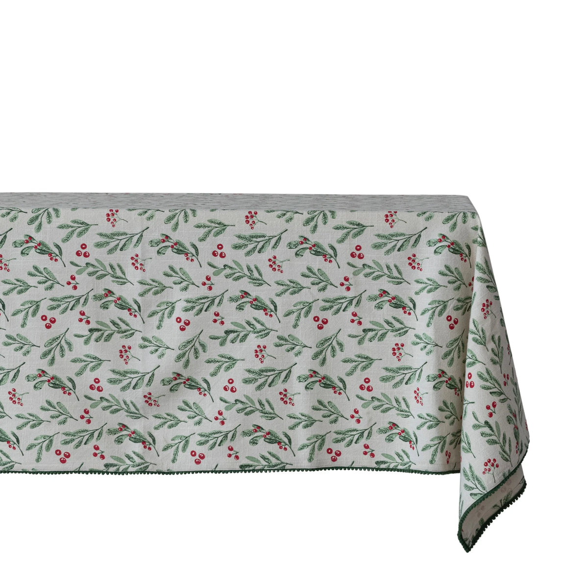 Mistletoe Cotton Tablecloth with Pom Pom Trim, 84 x 60 Inches