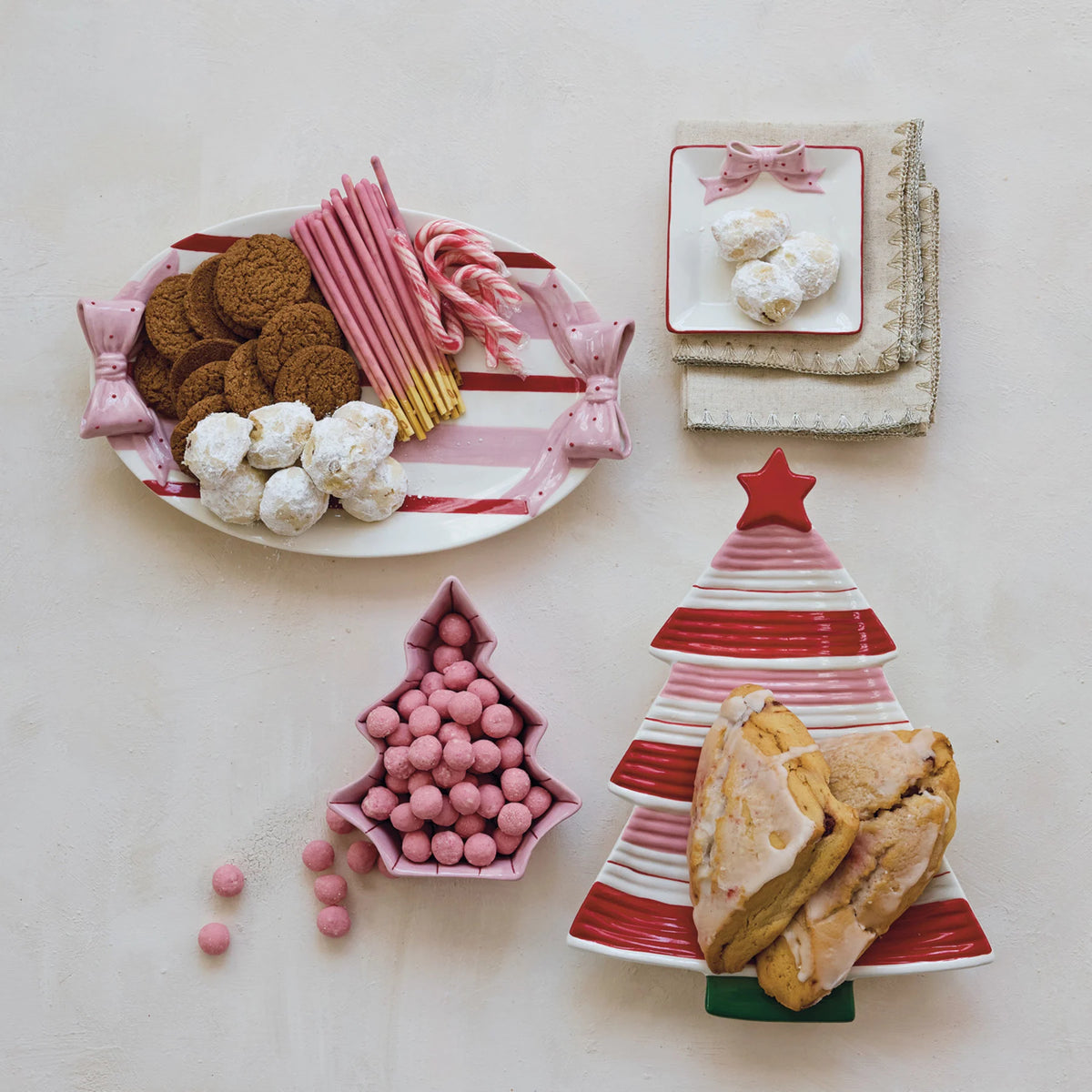 Hand-Painted Striped Stoneware Platter with Polka Dot Bow Handles